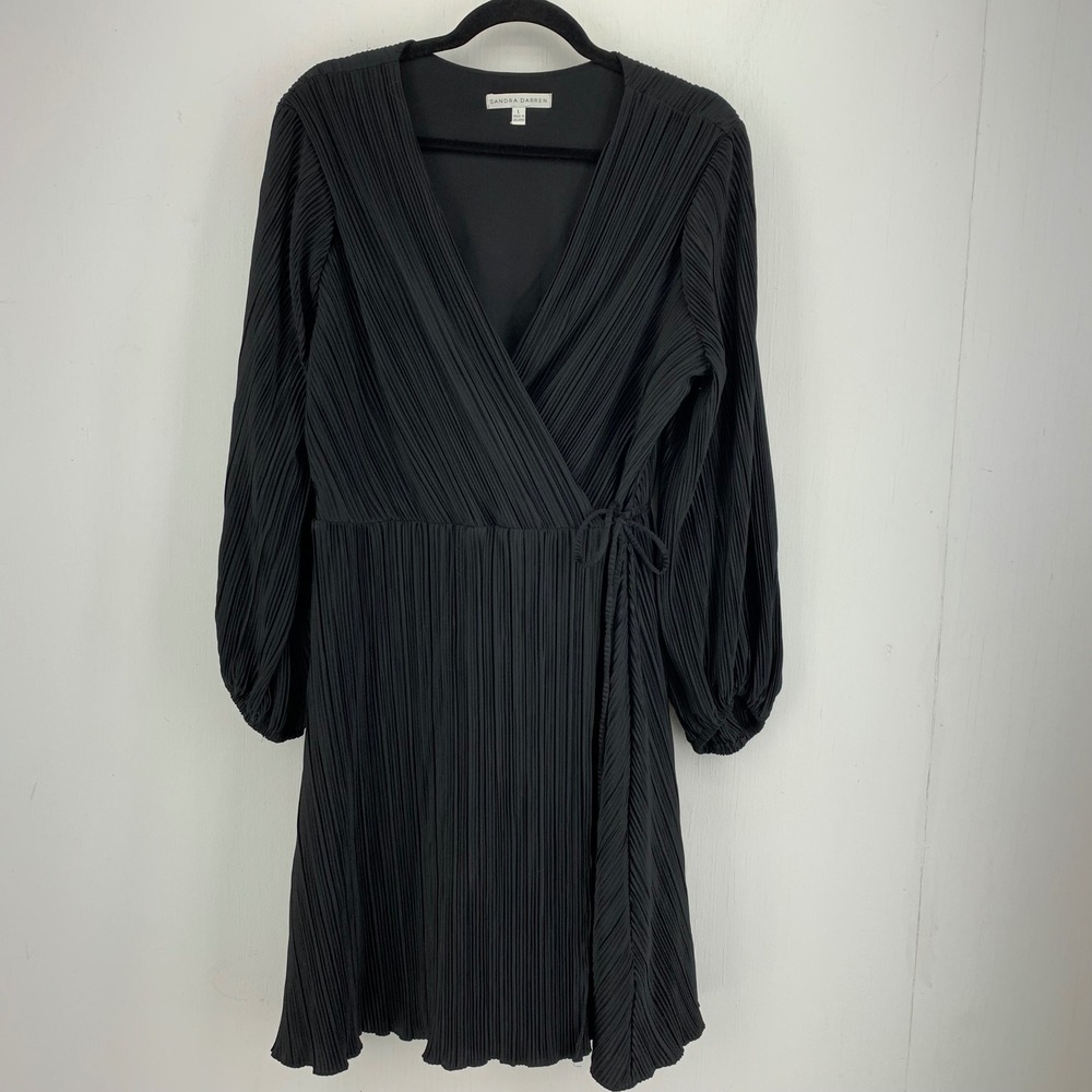 Whimsigoth Goth Plisse Pleated Classic Faux Wrap Balloon Sleeve Dress Large
